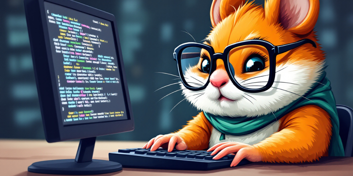 chubby hamster with a serious expression and large glasses, diligently writing codes on computer