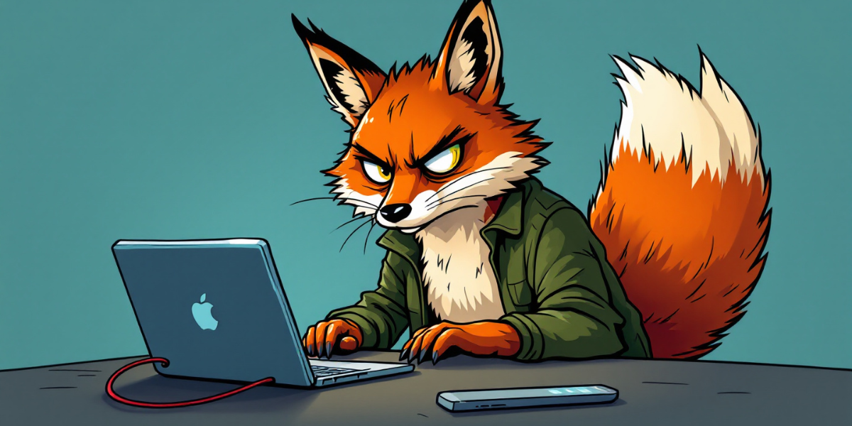 a quirky fox with a bushy tail, writing codes on a brightly lit computer