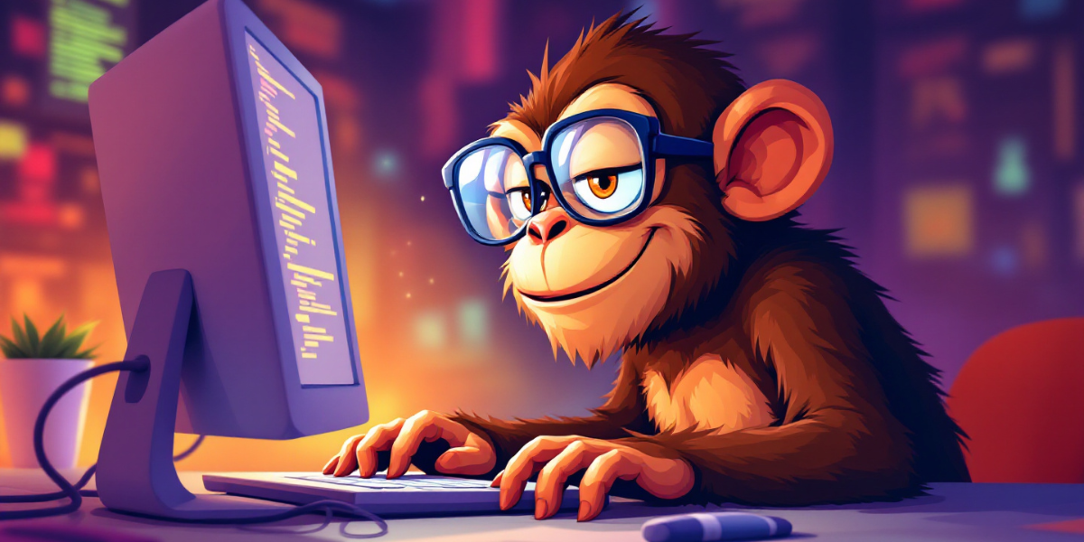 a mischievous monkey wearing glasses and a small hat, writing codes on a computer