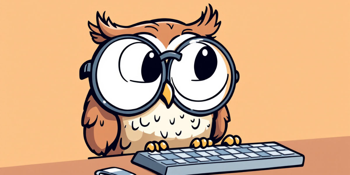 owl with large round glasses pecking away at a keyboard while writing codes