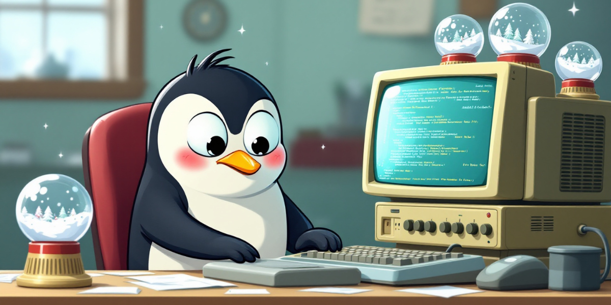 penguin with a curious look, wring codes on an old-school computer