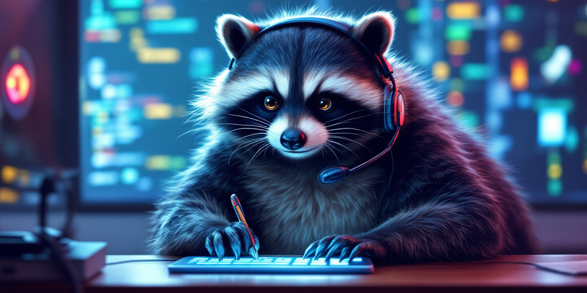 raccoon writing codes on a brightly lit computer