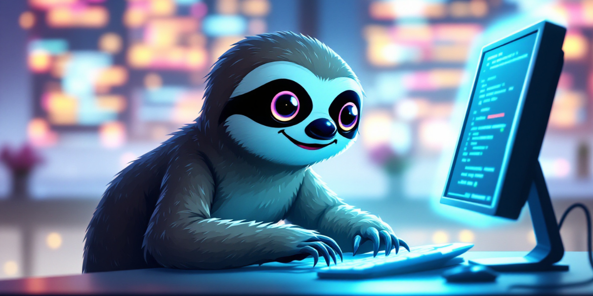 s silly sloth with wide eyes, writing codes on a brightly lit computer