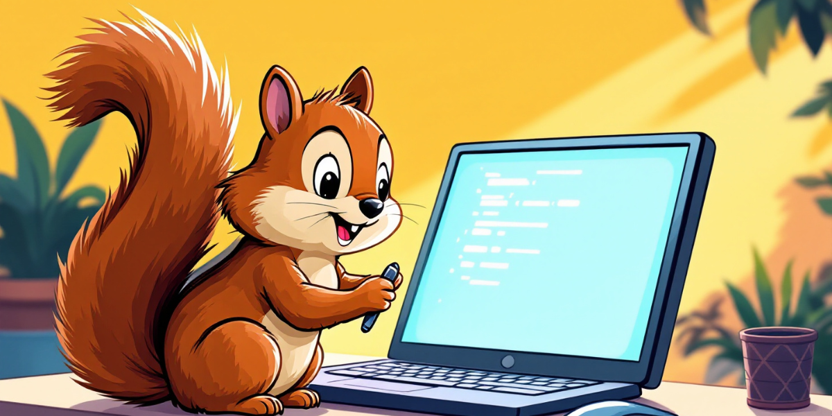 a playful squirrel writing codes on brightly desktop computer